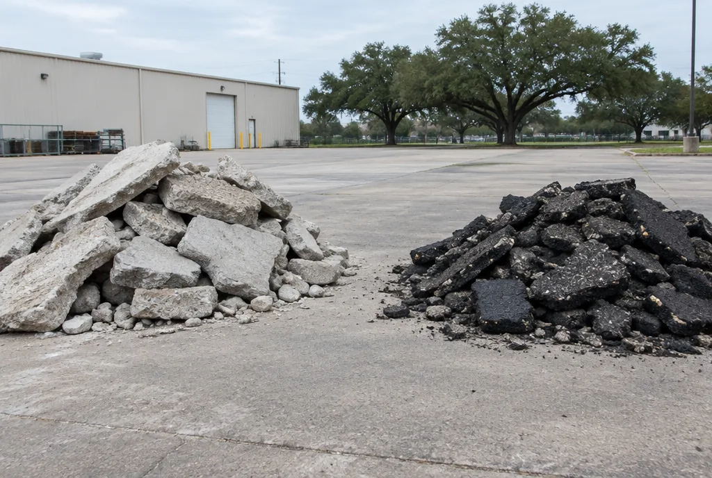 Separate piles of broken concrete and asphalt in a commercial staging area
