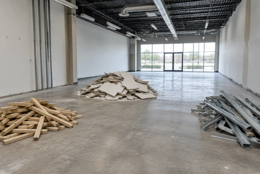 Wood, drywall and metal framing separated inside a commercial renovation space
